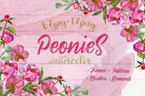 Cool Peonies Watercolor Flowers Set