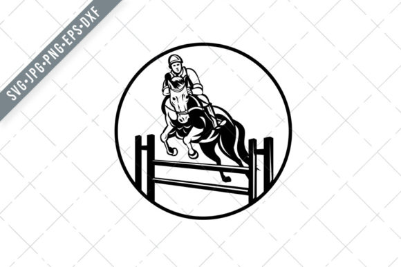 Retro Equestrian Art: Exploring the Rider on Horse Show Jumping Illustration Set